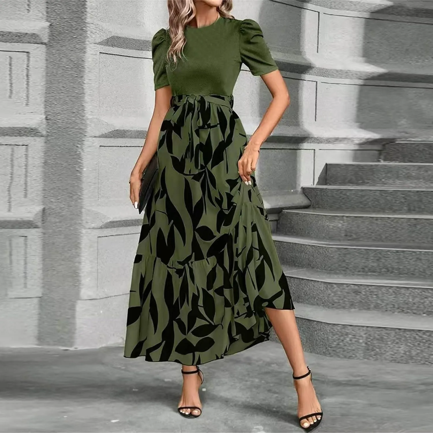 Women's Maxi Dress Summer Casual Trendy Short Sleeve Crew Neck High Waist Boho Floral Print Dresses 2025, S-2XL