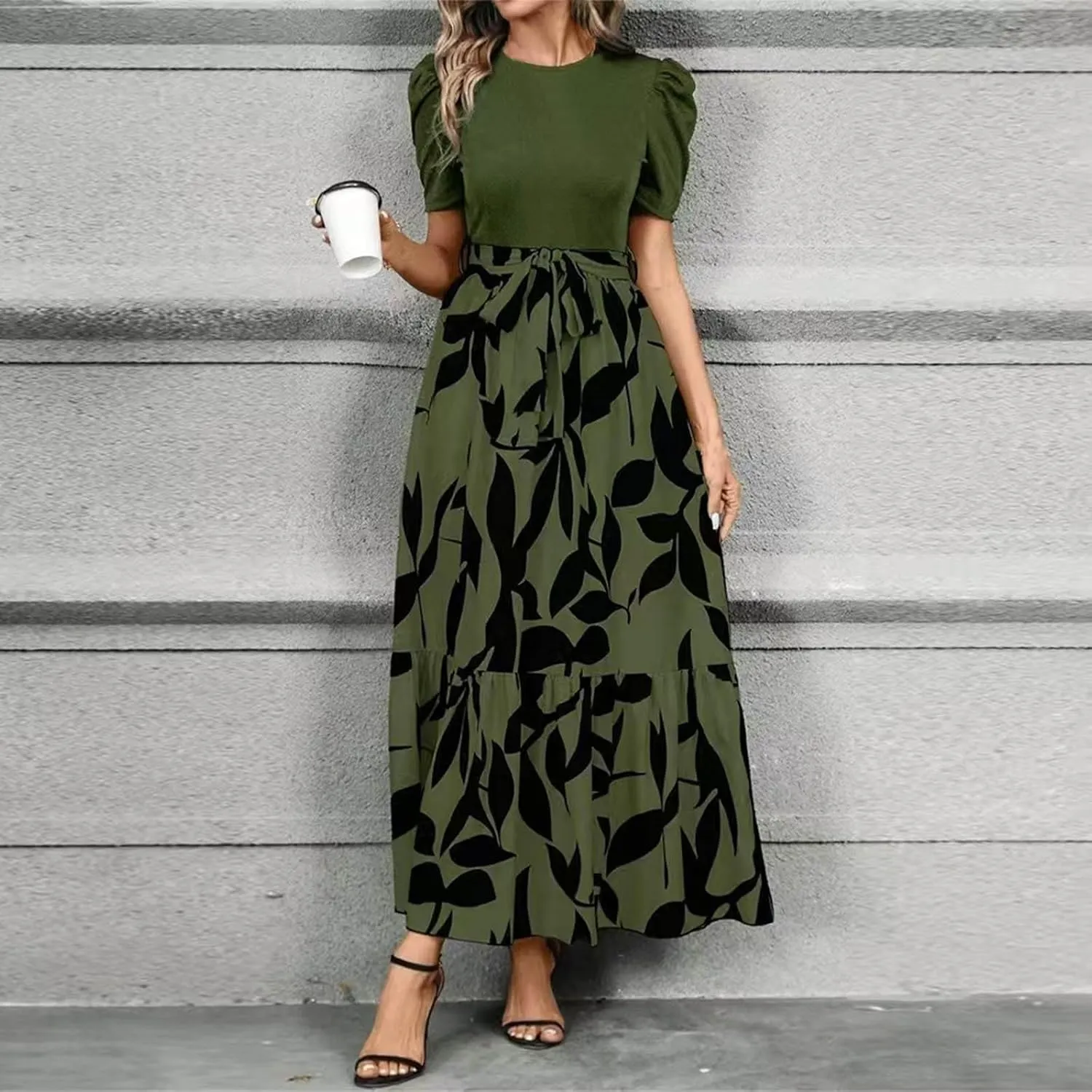 Women's Maxi Dress Summer Casual Trendy Short Sleeve Crew Neck High Waist Boho Floral Print Dresses 2025, S-2XL