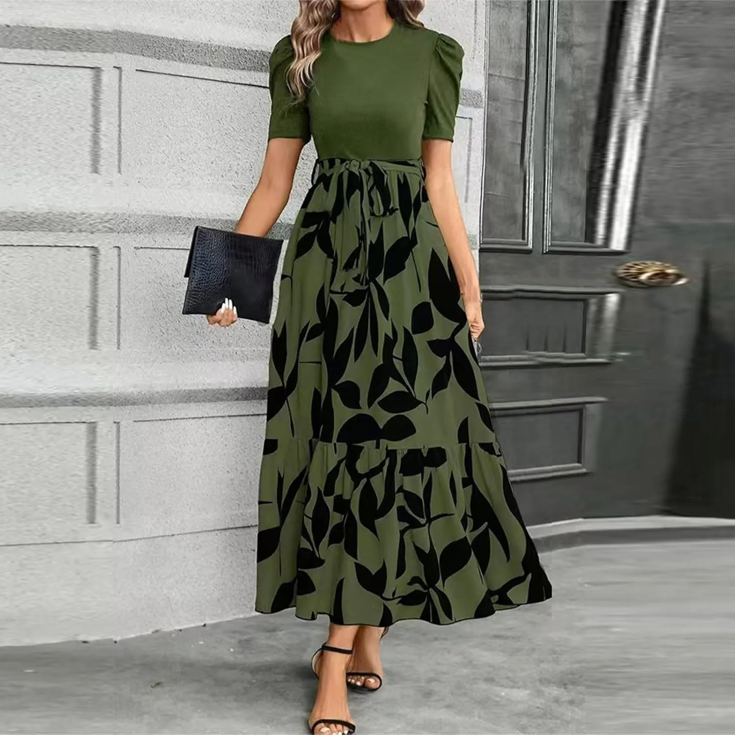 Women's Maxi Dress Summer Casual Trendy Short Sleeve Crew Neck High Waist Boho Floral Print Dresses 2025, S-2XL