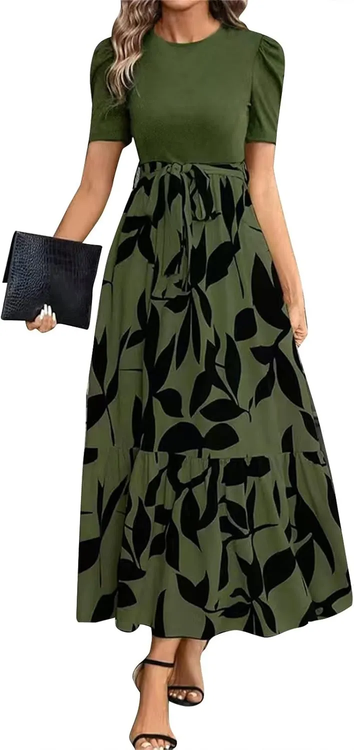 Women's Maxi Dress Summer Casual Trendy Short Sleeve Crew Neck High Waist Boho Floral Print Dresses 2025, S-2XL