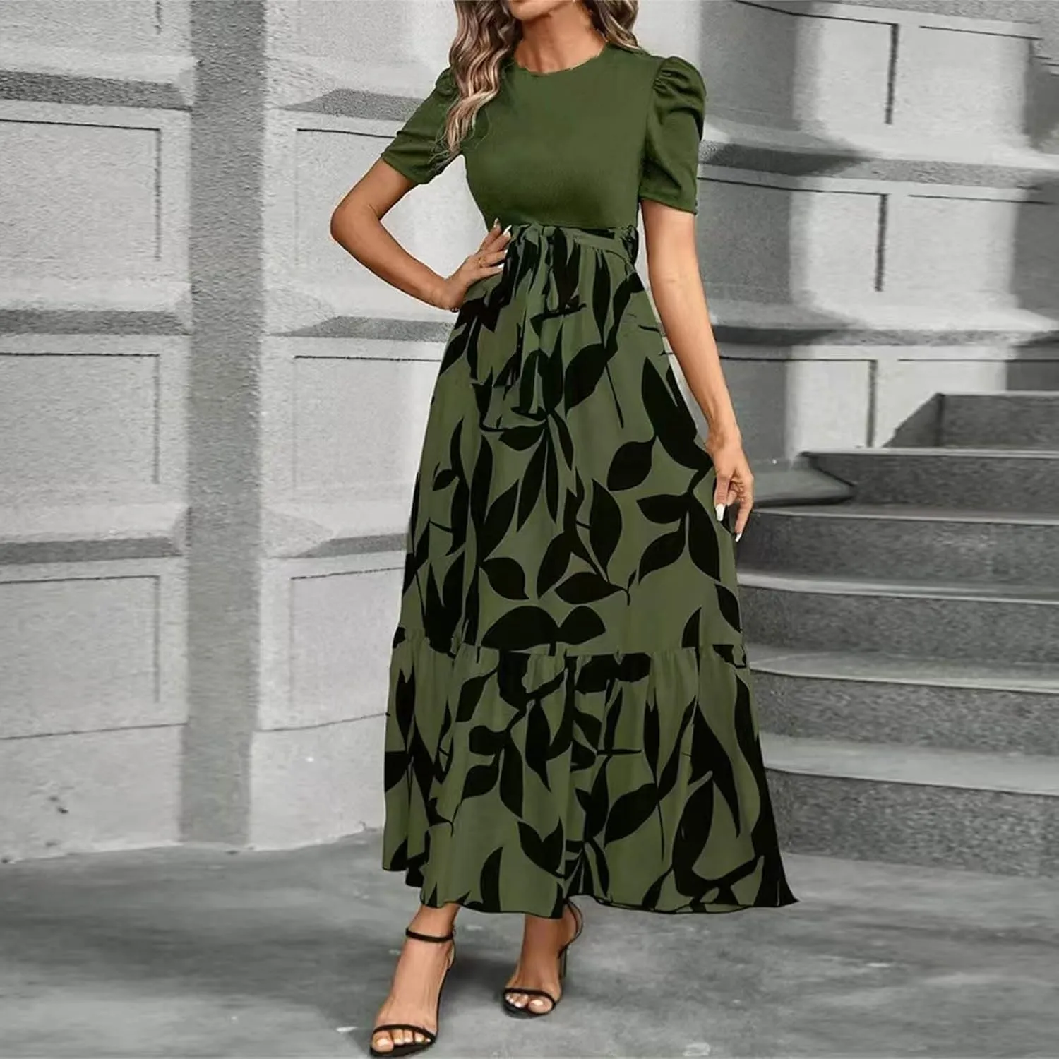 Women's Maxi Dress Summer Casual Trendy Short Sleeve Crew Neck High Waist Boho Floral Print Dresses 2025, S-2XL