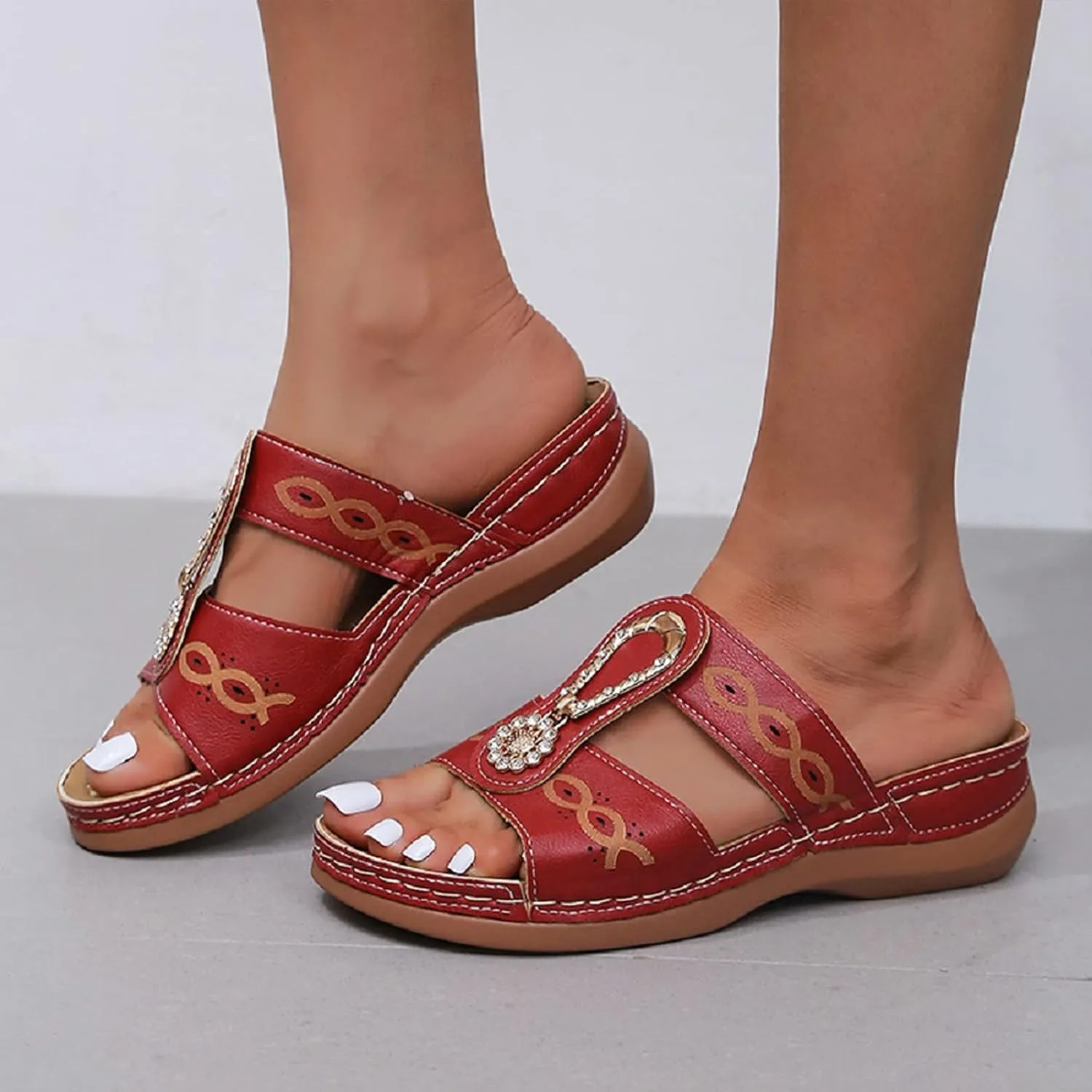 Womens Orthopedic Sandals Comfortable Slip On Wedge Slippers Dressy Casual Hollow Out Slides Sandals Fashion Ladies Sparkling Jeweled Walking Shoes
