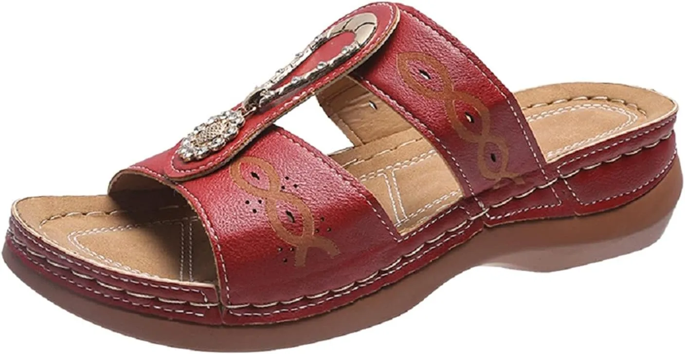 Womens Orthopedic Sandals Comfortable Slip On Wedge Slippers Dressy Casual Hollow Out Slides Sandals Fashion Ladies Sparkling Jeweled Walking Shoes