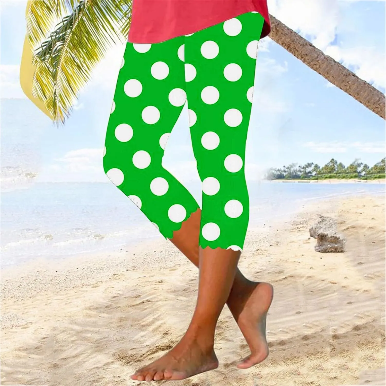 Womens Polka Dot Capri Pants Ladies 3/4 Leggings Cropped Trousers Stretch Fit Elasticated Waist Summer Short Pants