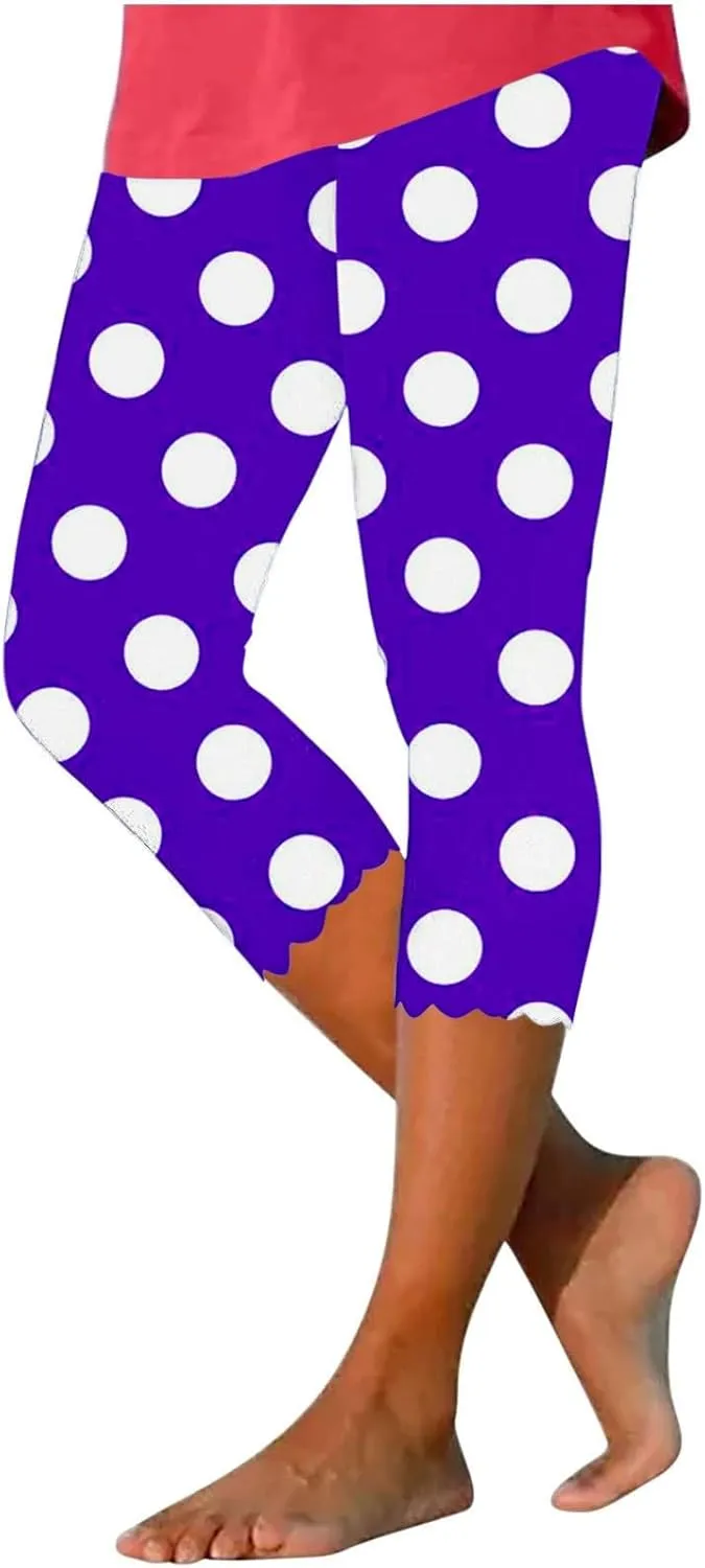 Womens Polka Dot Capri Pants Ladies 3/4 Leggings Cropped Trousers Stretch Fit Elasticated Waist Summer Short Pants