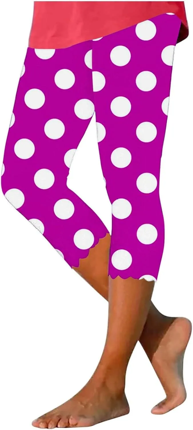 Womens Polka Dot Capri Pants Ladies 3/4 Leggings Cropped Trousers Stretch Fit Elasticated Waist Summer Short Pants