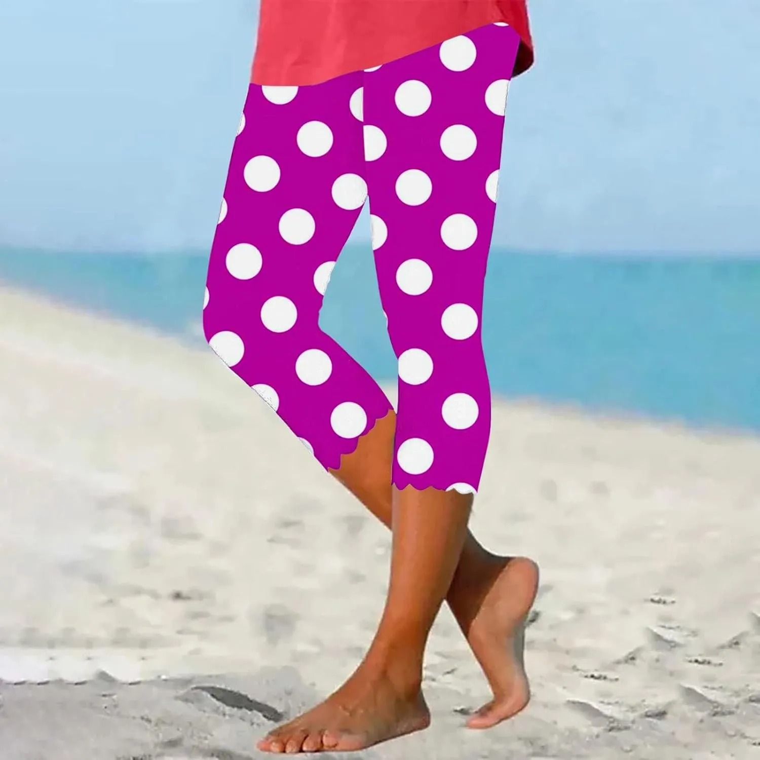 Womens Polka Dot Capri Pants Ladies 3/4 Leggings Cropped Trousers Stretch Fit Elasticated Waist Summer Short Pants
