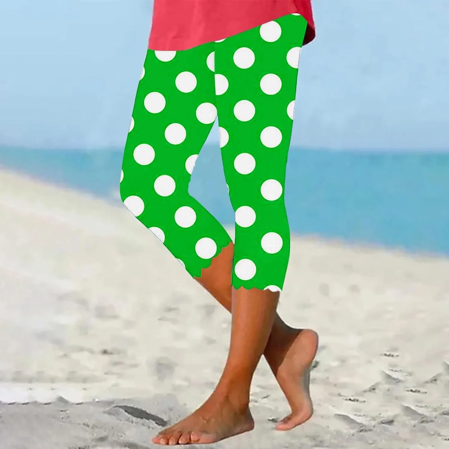 Womens Polka Dot Capri Pants Ladies 3/4 Leggings Cropped Trousers Stretch Fit Elasticated Waist Summer Short Pants