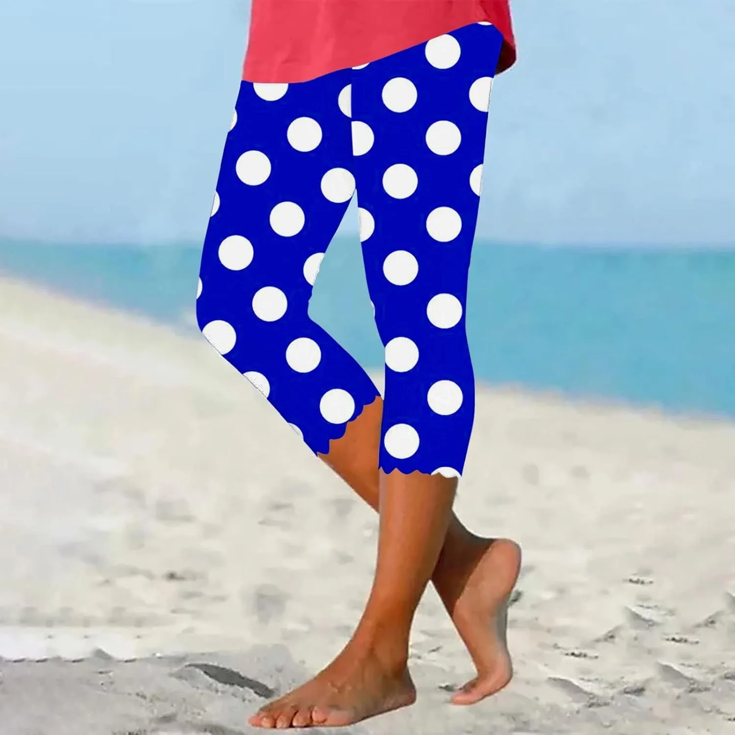 Womens Polka Dot Capri Pants Ladies 3/4 Leggings Cropped Trousers Stretch Fit Elasticated Waist Summer Short Pants