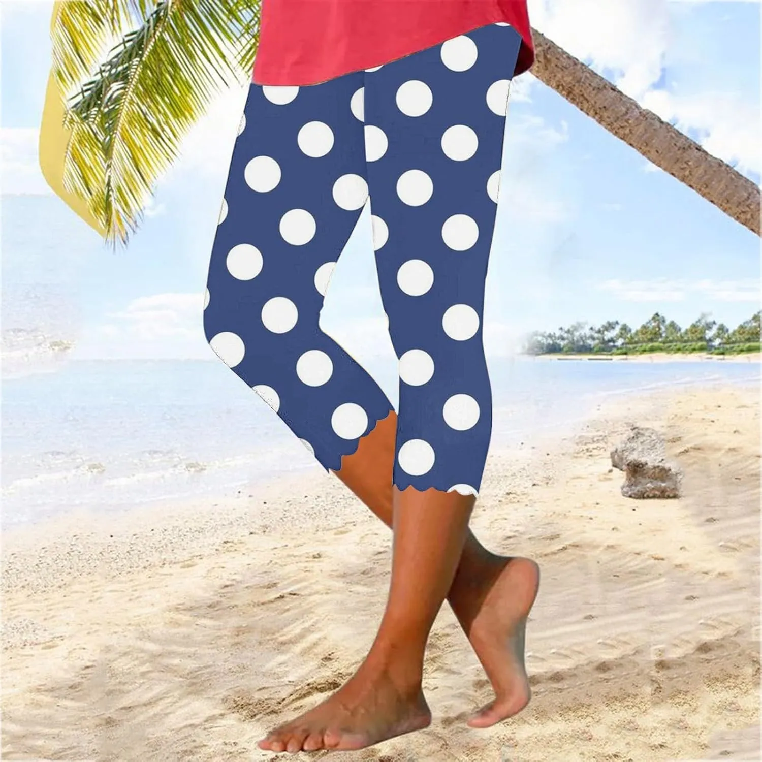 Womens Polka Dot Capri Pants Ladies 3/4 Leggings Cropped Trousers Stretch Fit Elasticated Waist Summer Short Pants