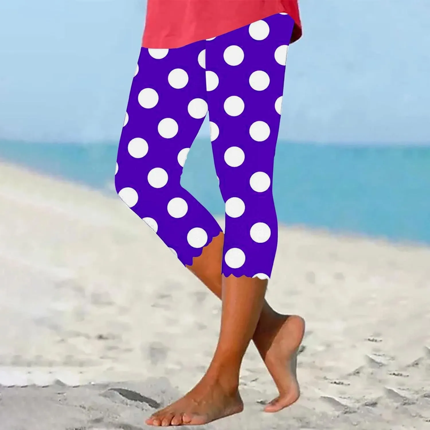 Womens Polka Dot Capri Pants Ladies 3/4 Leggings Cropped Trousers Stretch Fit Elasticated Waist Summer Short Pants