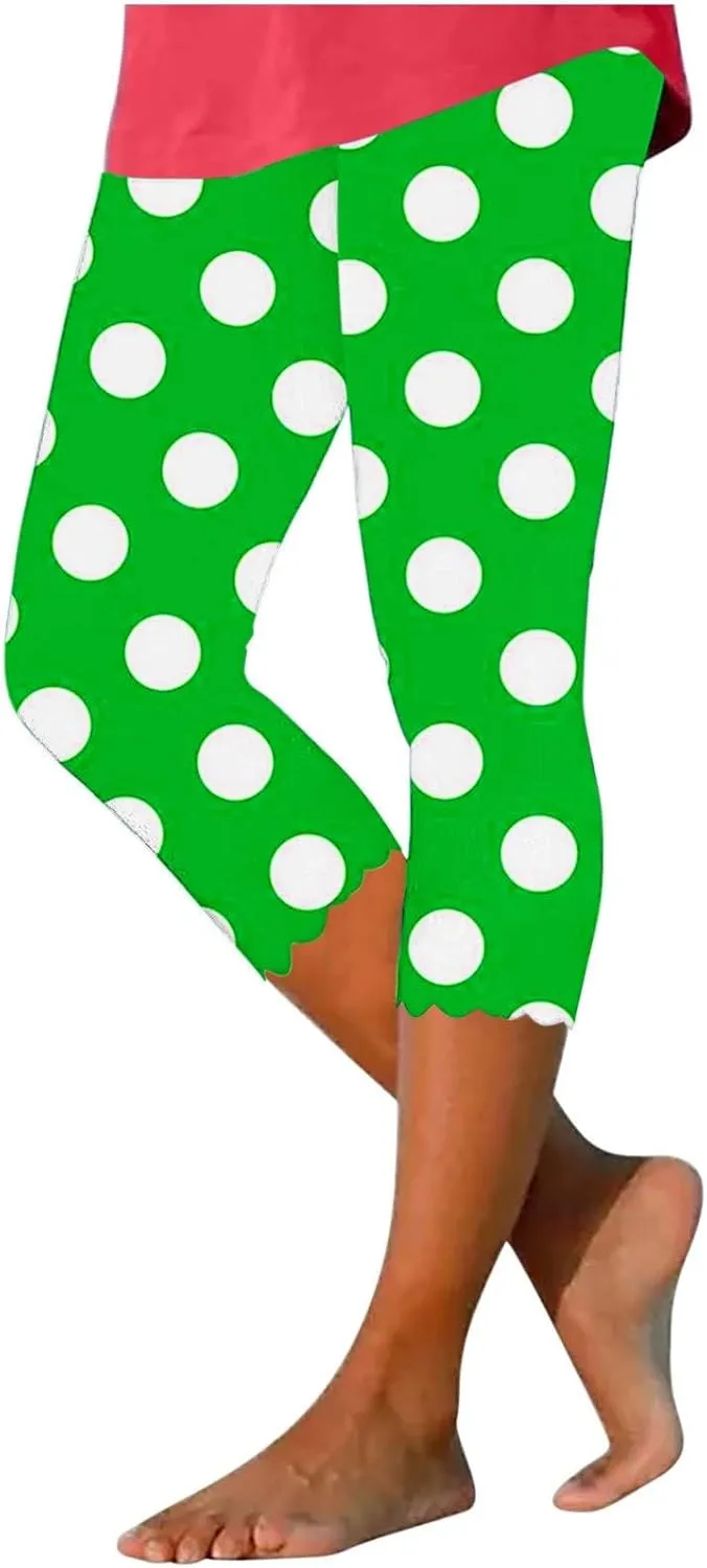 Womens Polka Dot Capri Pants Ladies 3/4 Leggings Cropped Trousers Stretch Fit Elasticated Waist Summer Short Pants