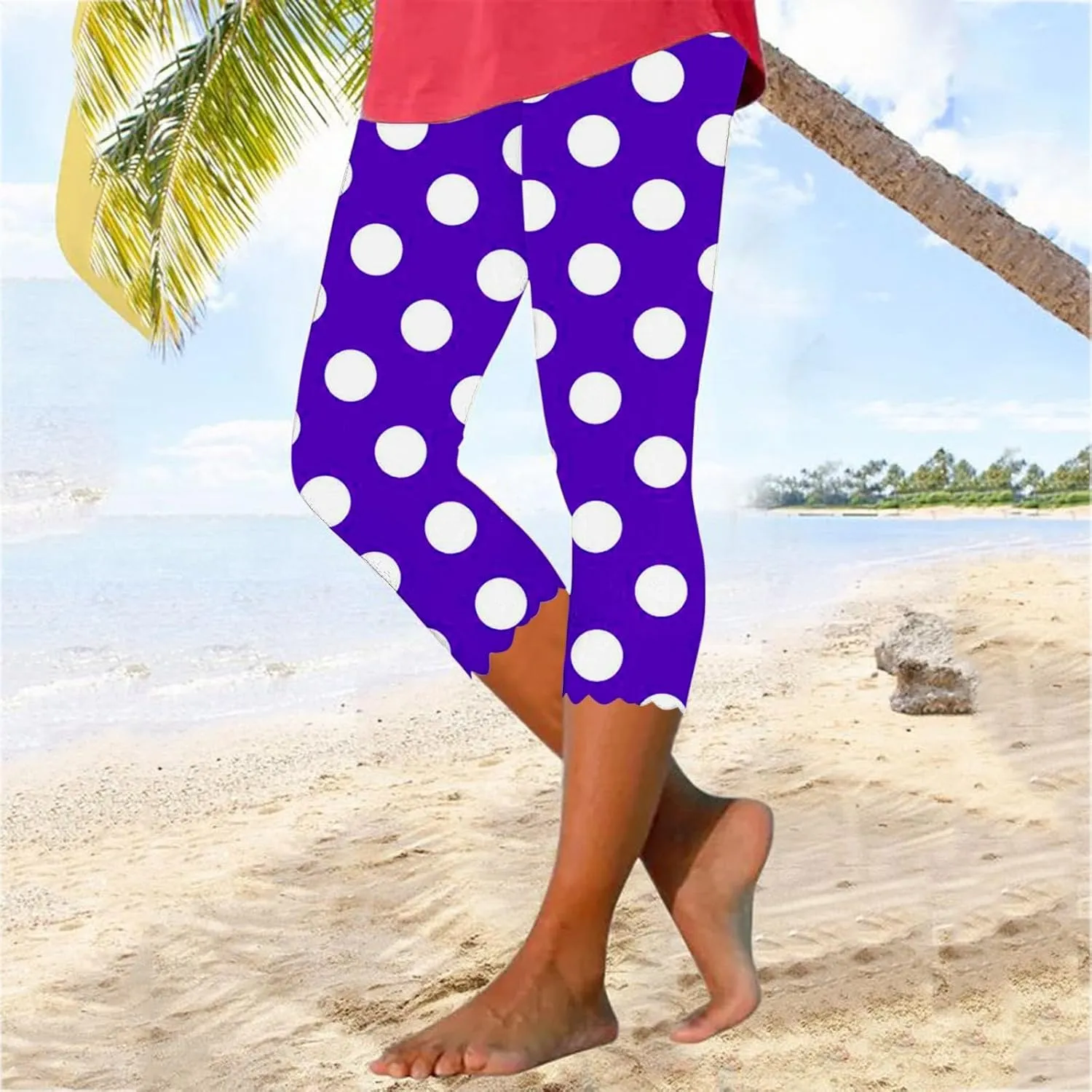 Womens Polka Dot Capri Pants Ladies 3/4 Leggings Cropped Trousers Stretch Fit Elasticated Waist Summer Short Pants
