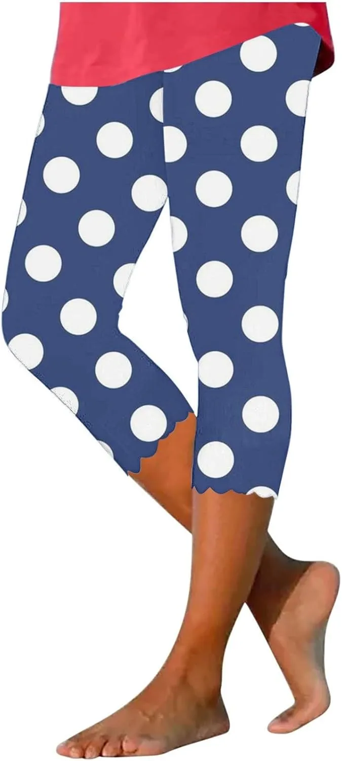 Womens Polka Dot Capri Pants Ladies 3/4 Leggings Cropped Trousers Stretch Fit Elasticated Waist Summer Short Pants