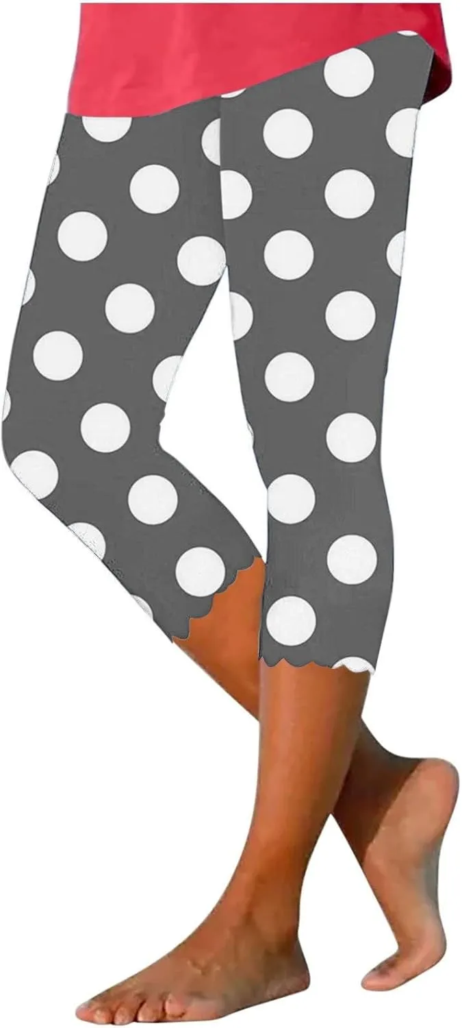 Womens Polka Dot Capri Pants Ladies 3/4 Leggings Cropped Trousers Stretch Fit Elasticated Waist Summer Short Pants