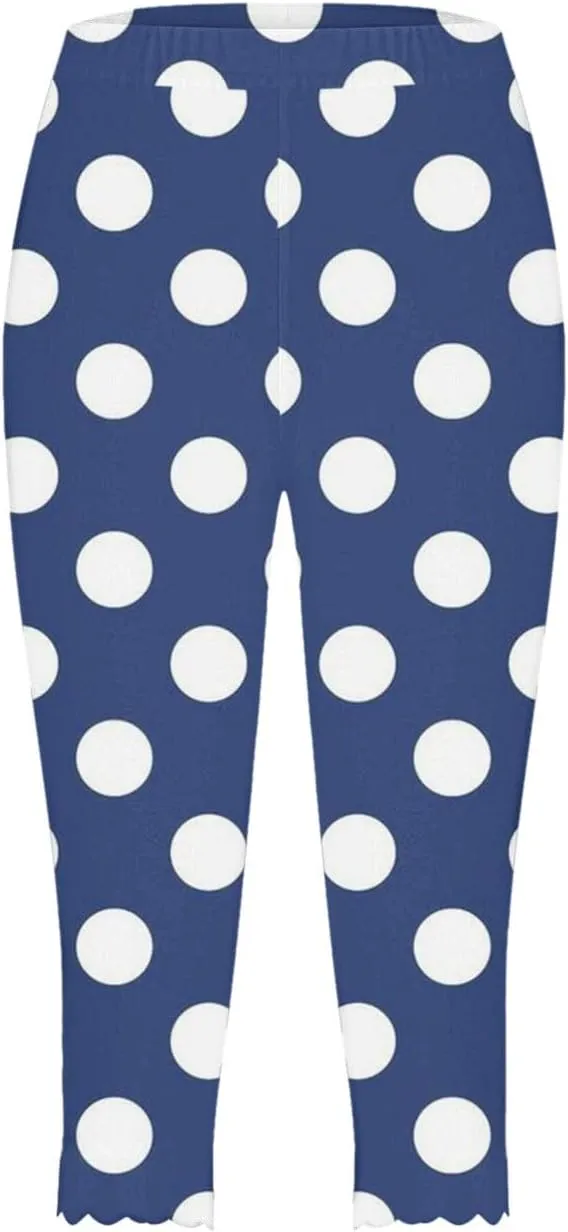 Womens Polka Dot Capri Pants Ladies 3/4 Leggings Cropped Trousers Stretch Fit Elasticated Waist Summer Short Pants