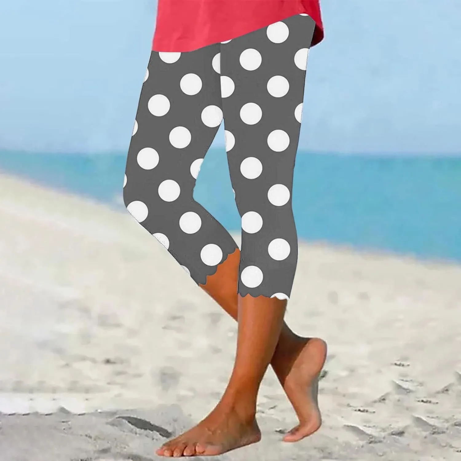 Womens Polka Dot Capri Pants Ladies 3/4 Leggings Cropped Trousers Stretch Fit Elasticated Waist Summer Short Pants