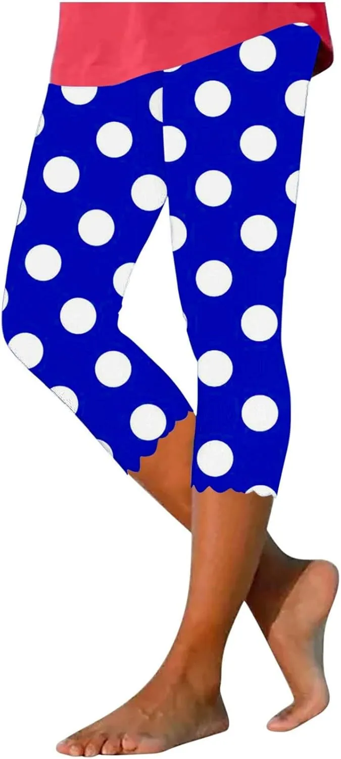 Womens Polka Dot Capri Pants Ladies 3/4 Leggings Cropped Trousers Stretch Fit Elasticated Waist Summer Short Pants