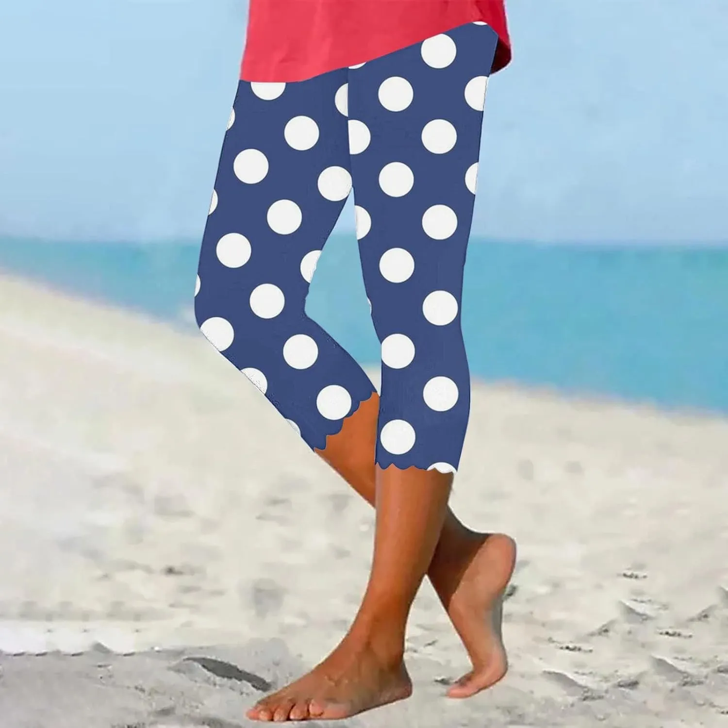 Womens Polka Dot Capri Pants Ladies 3/4 Leggings Cropped Trousers Stretch Fit Elasticated Waist Summer Short Pants