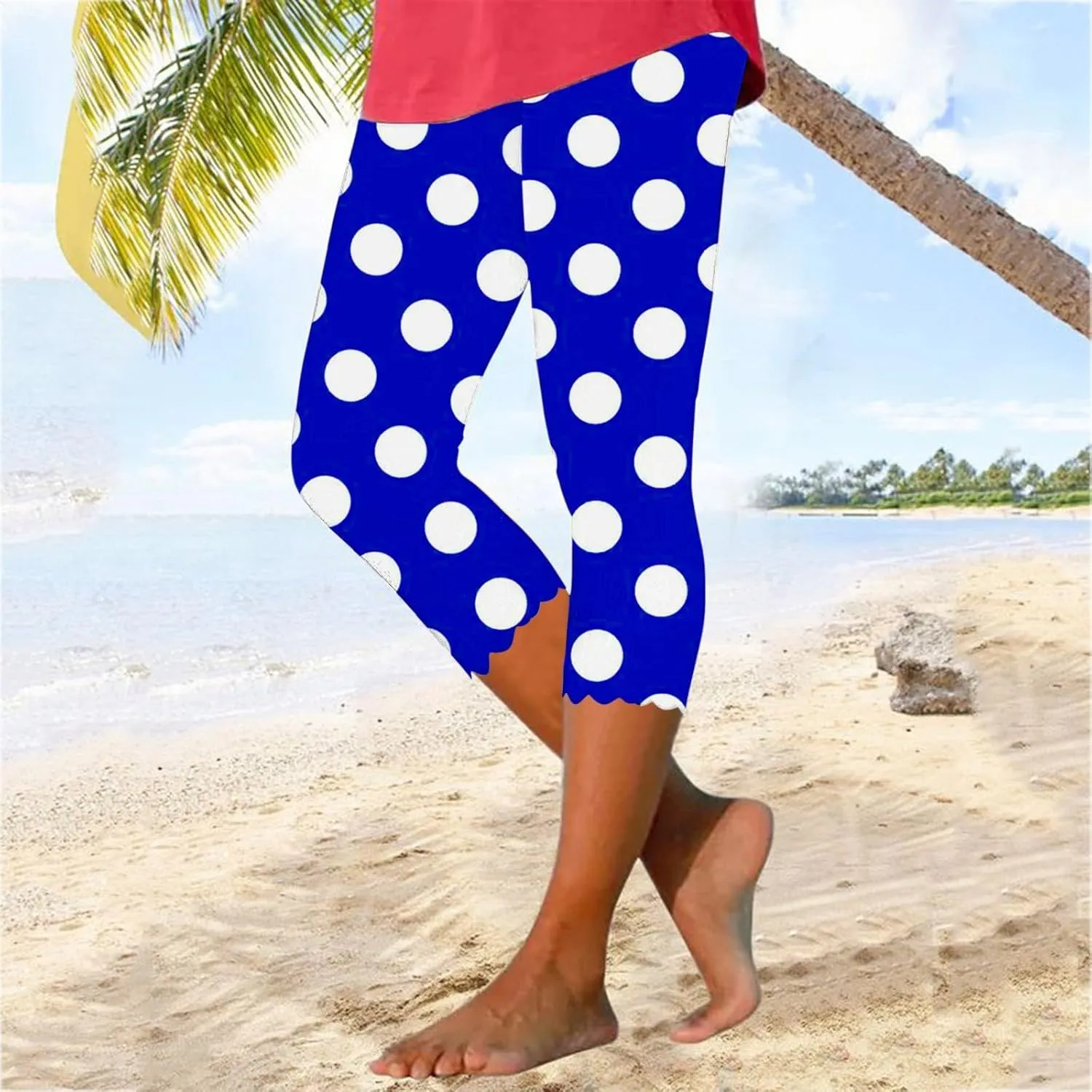 Womens Polka Dot Capri Pants Ladies 3/4 Leggings Cropped Trousers Stretch Fit Elasticated Waist Summer Short Pants