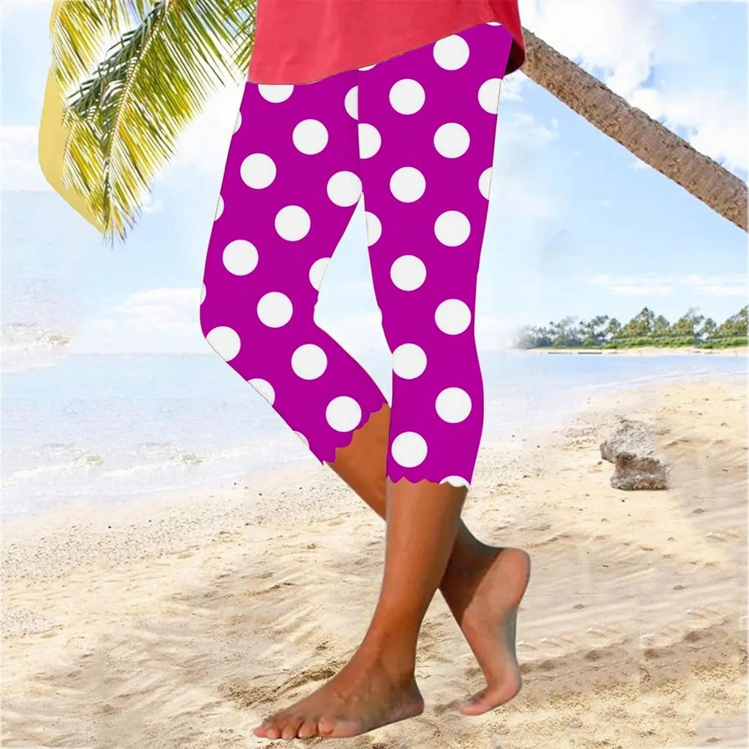 Womens Polka Dot Capri Pants Ladies 3/4 Leggings Cropped Trousers Stretch Fit Elasticated Waist Summer Short Pants