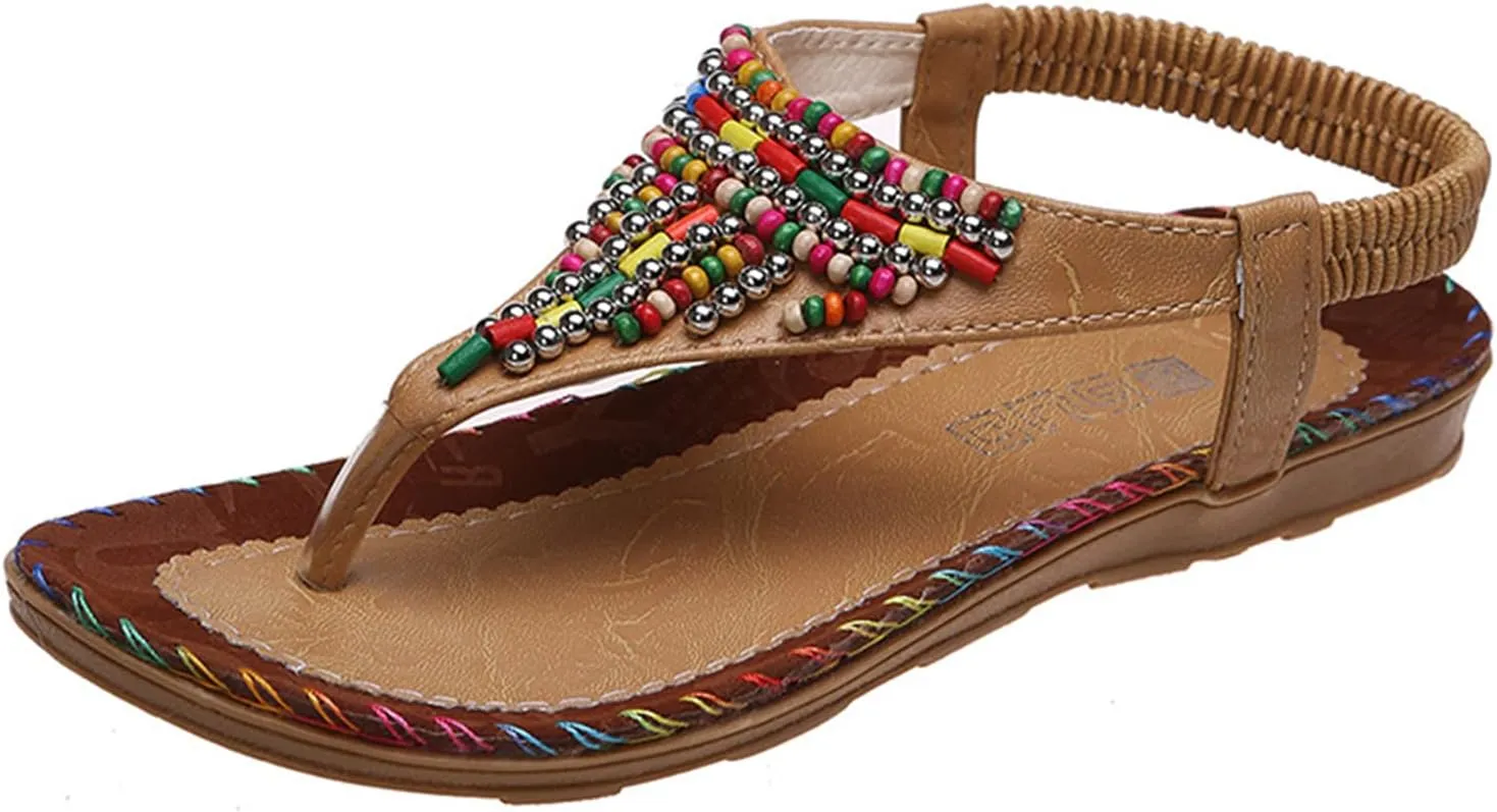 Womens Sandals Dressy Flat Casual Flip Flops Lightweight Walking Shoes Comfortable Slip On Thong 2025 Bohemian Beaded Slippers Summer T Straps Clip Toe Comfy Open Elastic Beach Roman