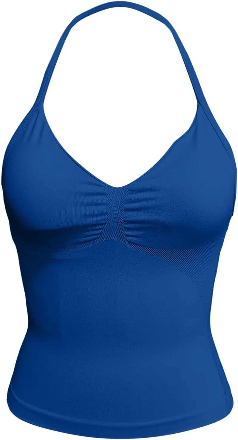 Women's Seamless Sports Halter Tops Deep V Neck Padded Sports Yoga Crop Cami Racer Back Slim Fit Elastic Vest