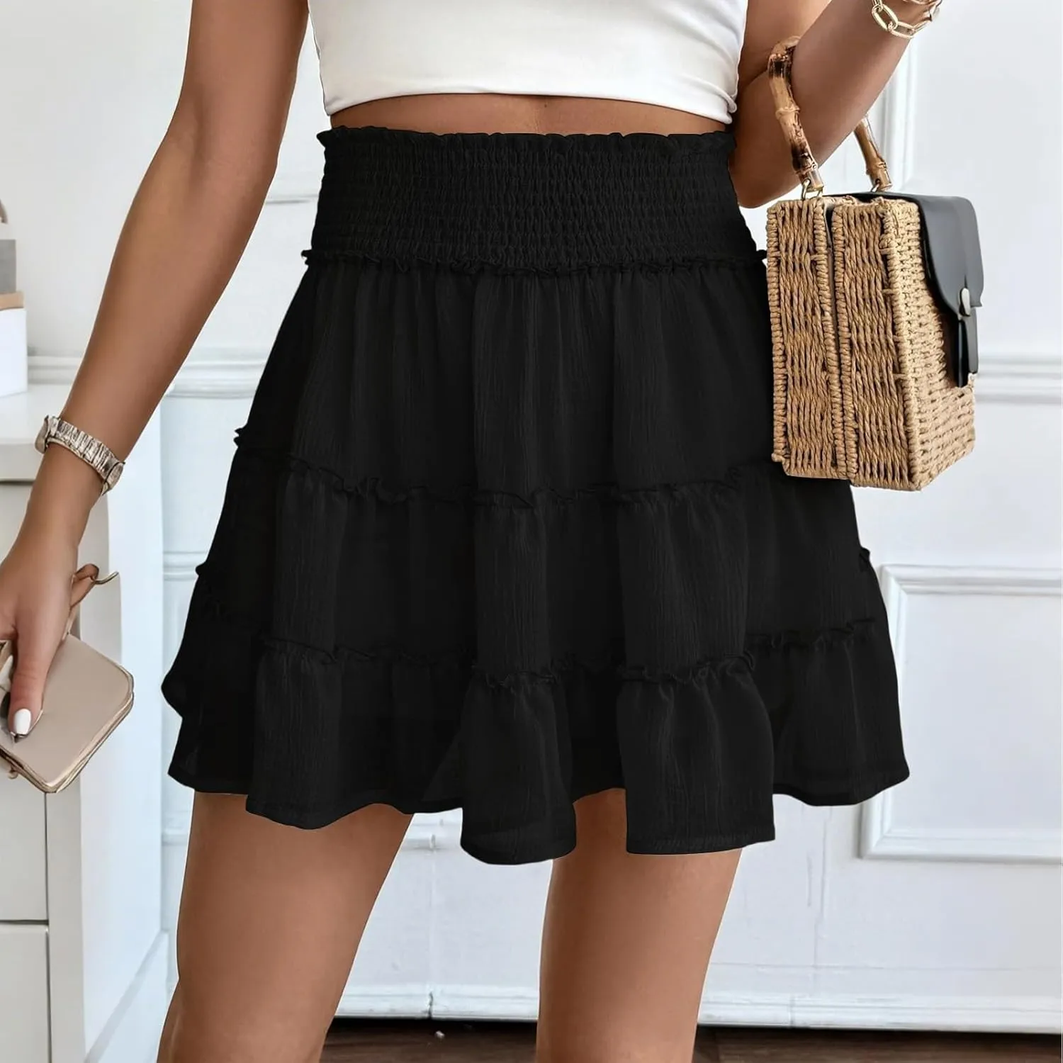 Women's Skater Skirt Basic Casual Chiffon High Waisted Ruffles Pleated Swing Mini Skirts, S-2XL