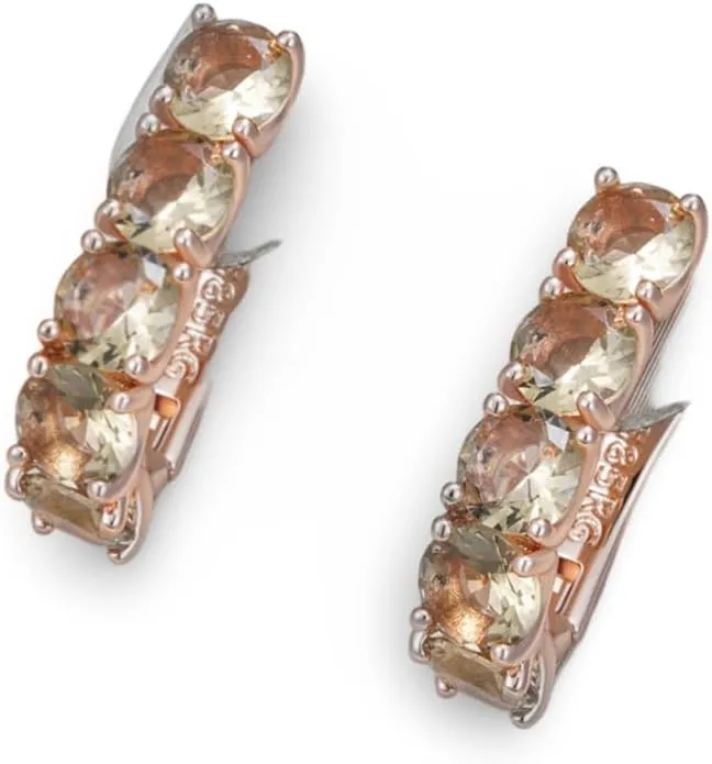 Women's Small Rose Gold Plated Copper Huggie Hoop Earrings with Three Faceted Light Brown Stones