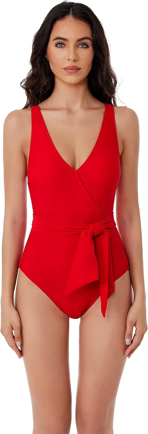 Women's Standard Megan One Piece Swimsuit, V-Neck, Wraparound Waist Tie, Bathing Suits