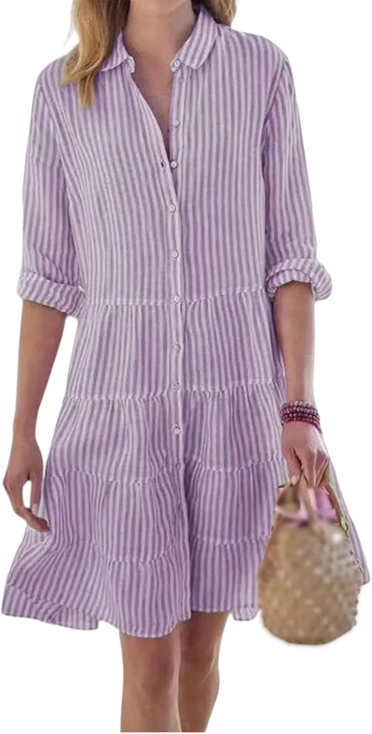 Womens Striped Shirt Dresses Summer Collared Button Down Boho Beach Cuffed Long Sleeve Mini Dress