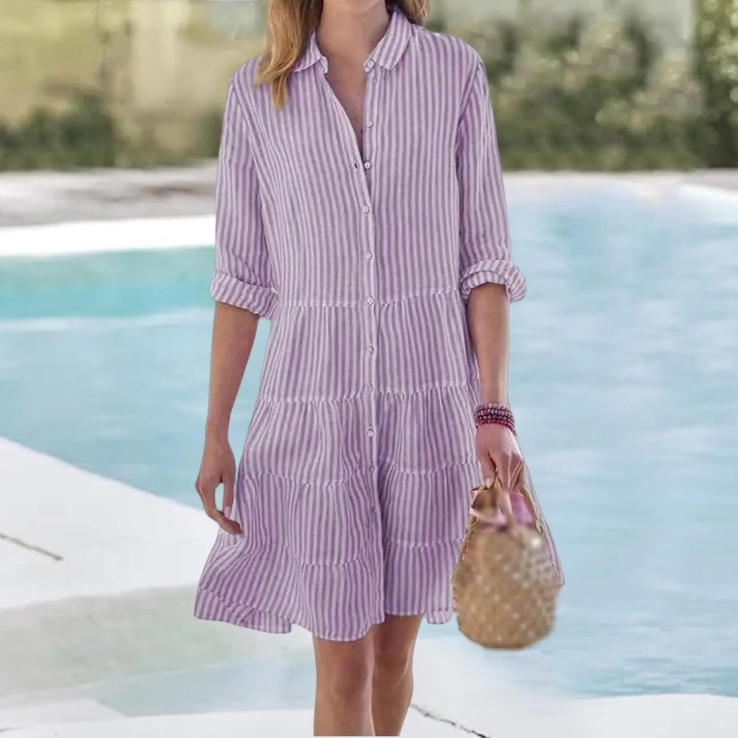 Womens Striped Shirt Dresses Summer Collared Button Down Boho Beach Cuffed Long Sleeve Mini Dress