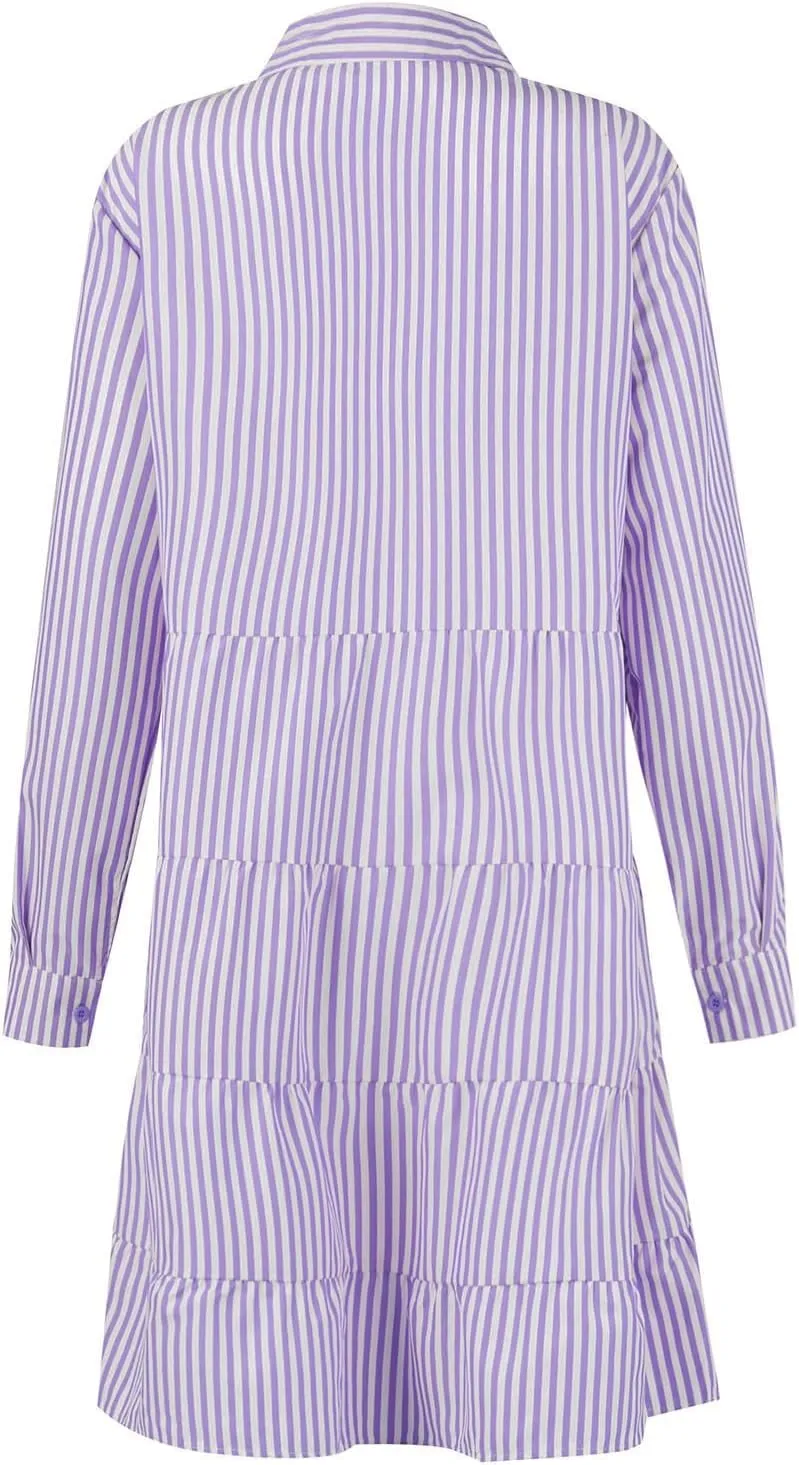 Womens Striped Shirt Dresses Summer Collared Button Down Boho Beach Cuffed Long Sleeve Mini Dress