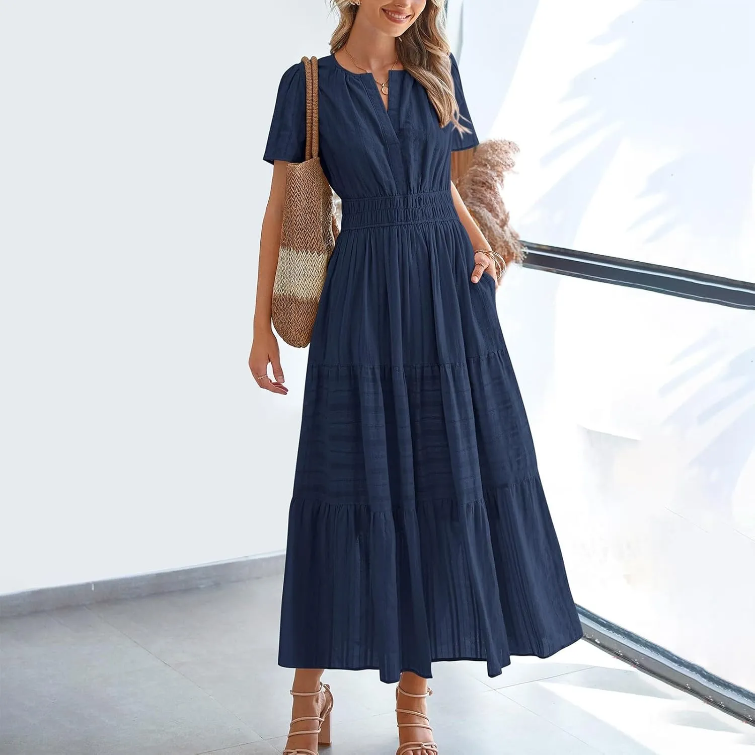 Womens Summer 2025 Casual Midi Maxi Dresses Lightweight Short Sleeve V Neck Elastic Waist Mid Length