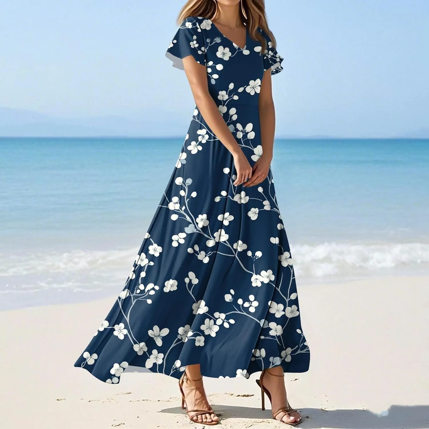 Womens Summer Casual Chiffon Maxi Dresses Flowy Short Sleeve High Waisted A Line Dress Beach Trendy V Neck Dresses