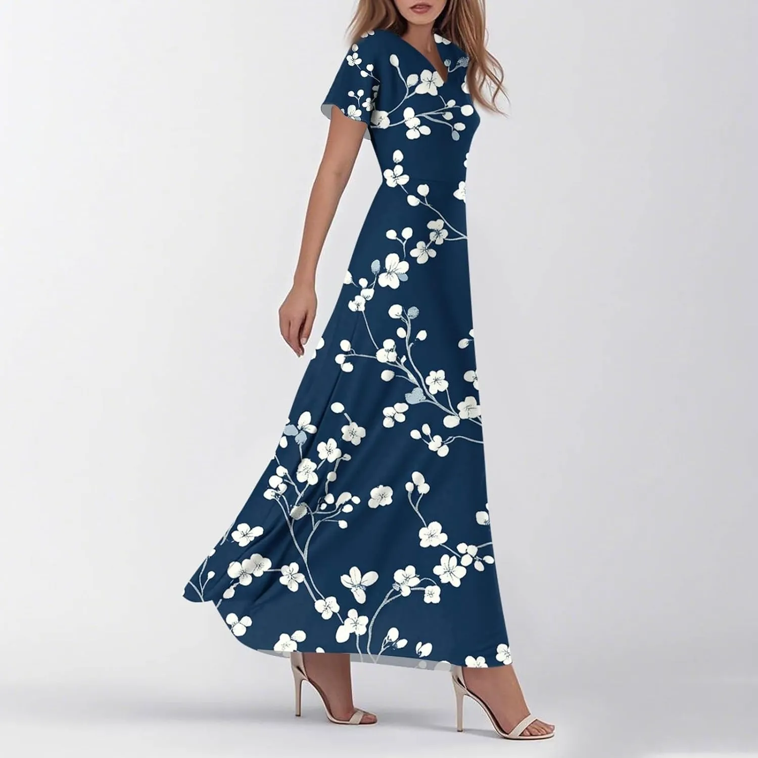 Womens Summer Casual Chiffon Maxi Dresses Flowy Short Sleeve High Waisted A Line Dress Beach Trendy V Neck Dresses