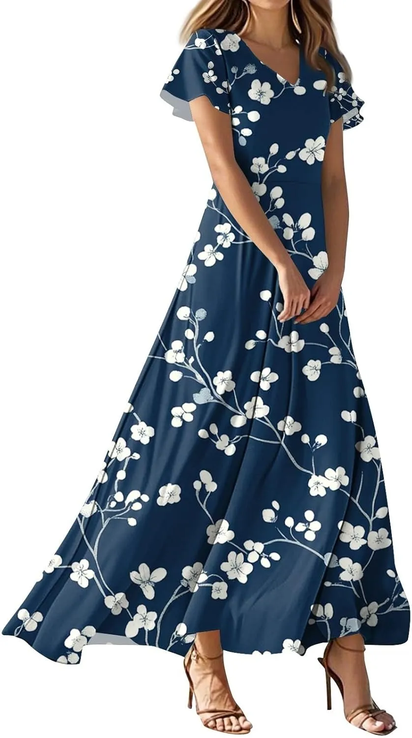 Womens Summer Casual Chiffon Maxi Dresses Flowy Short Sleeve High Waisted A Line Dress Beach Trendy V Neck Dresses