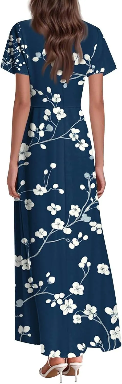 Womens Summer Casual Chiffon Maxi Dresses Flowy Short Sleeve High Waisted A Line Dress Beach Trendy V Neck Dresses