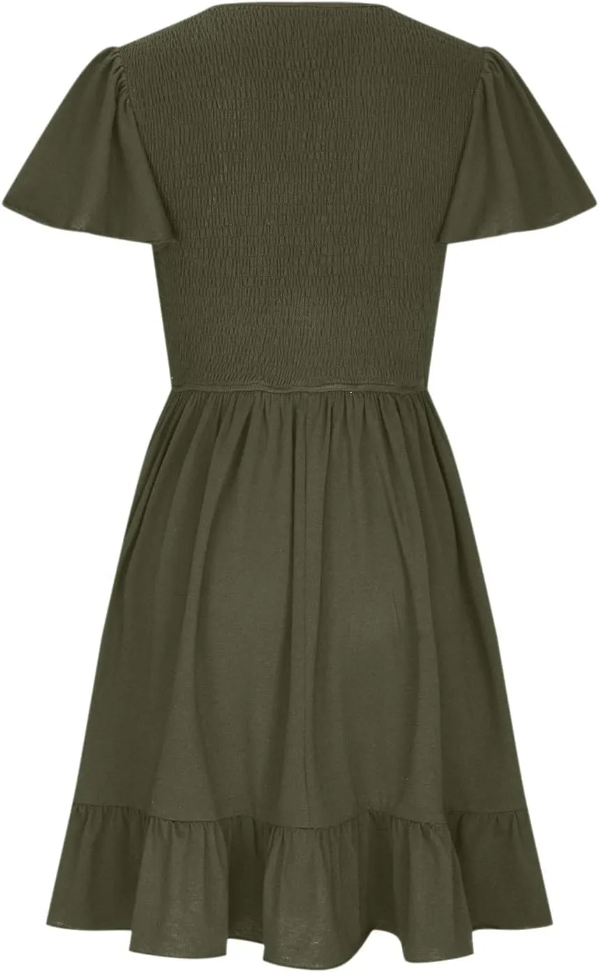 Women's Summer Mini Dresses Casual Smocked Stretchy Dress Puff Sleeve Short Sleeve Cute Dress Vacation Beach Dress
