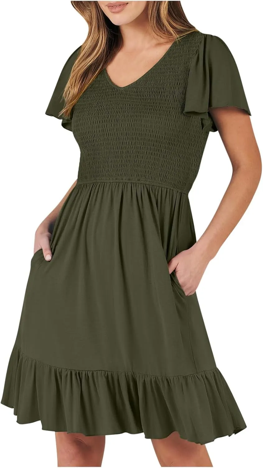 Women's Summer Mini Dresses Casual Smocked Stretchy Dress Puff Sleeve Short Sleeve Cute Dress Vacation Beach Dress