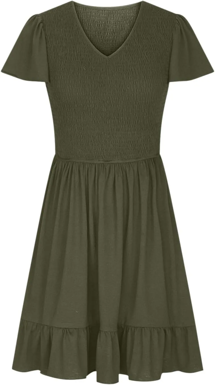 Women's Summer Mini Dresses Casual Smocked Stretchy Dress Puff Sleeve Short Sleeve Cute Dress Vacation Beach Dress