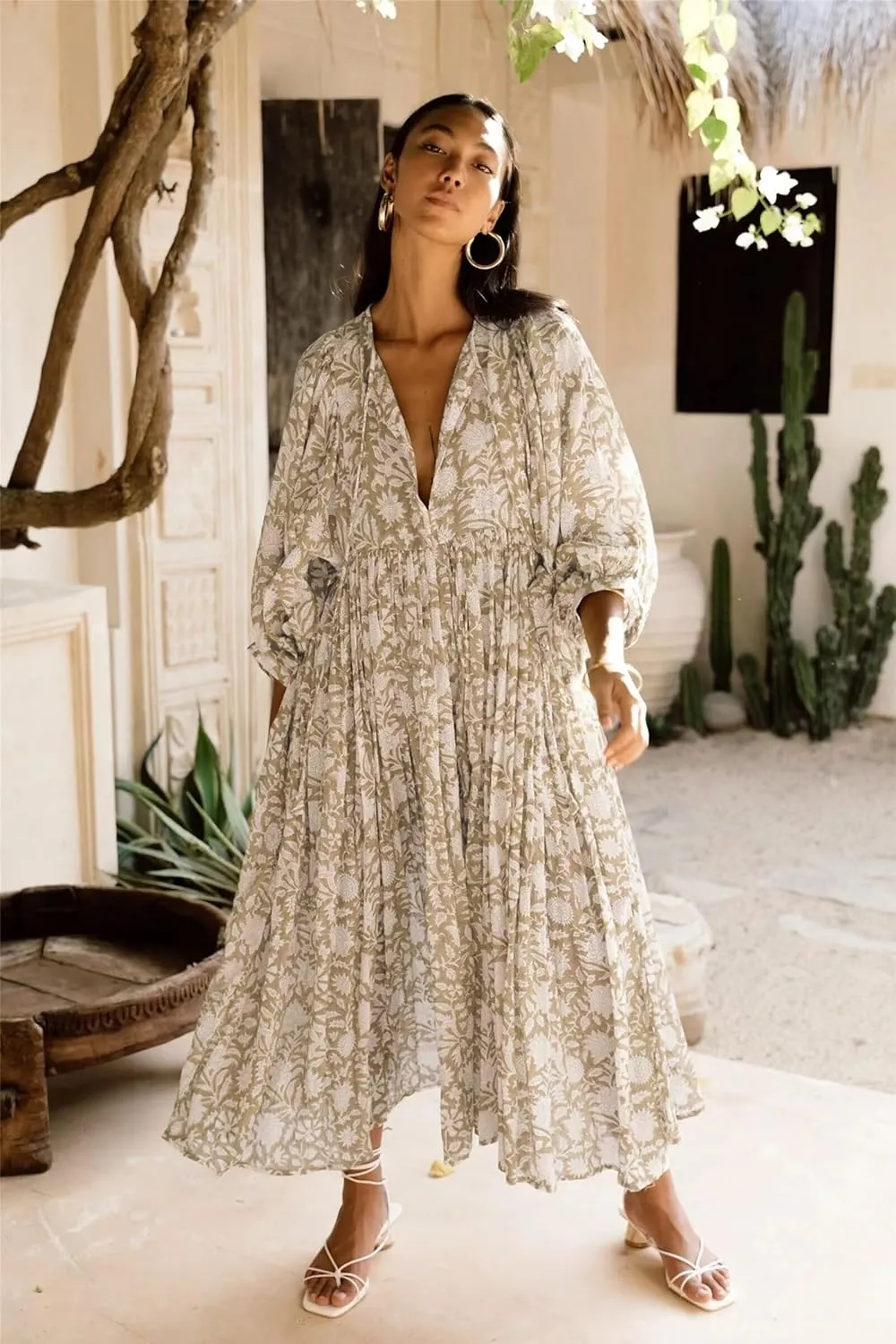 Women's Summer Spring Floral Print Pullover Maxi Dress Ruffle Swing Casual Loose Dress Boho Vacation Dress