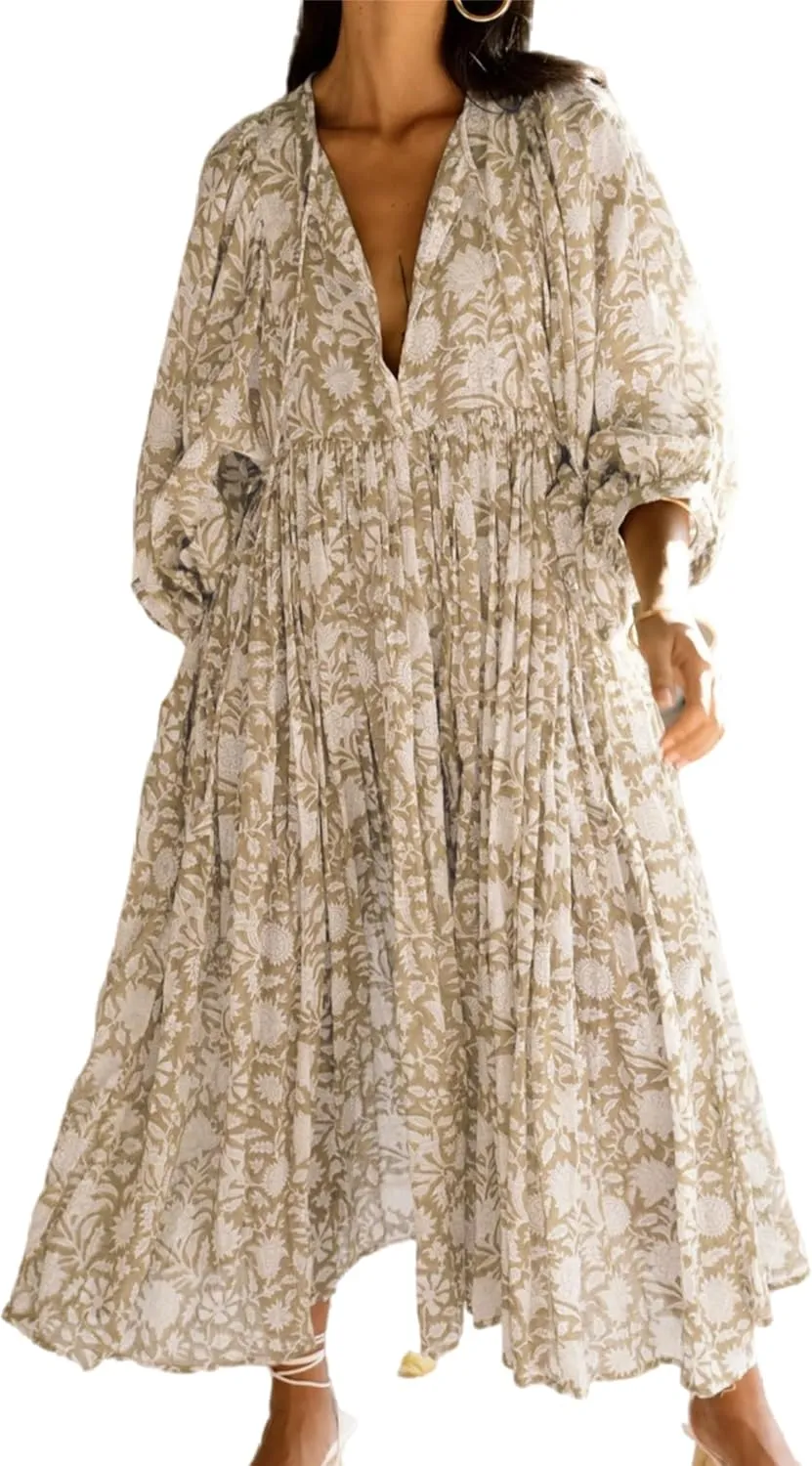 Women's Summer Spring Floral Print Pullover Maxi Dress Ruffle Swing Casual Loose Dress Boho Vacation Dress