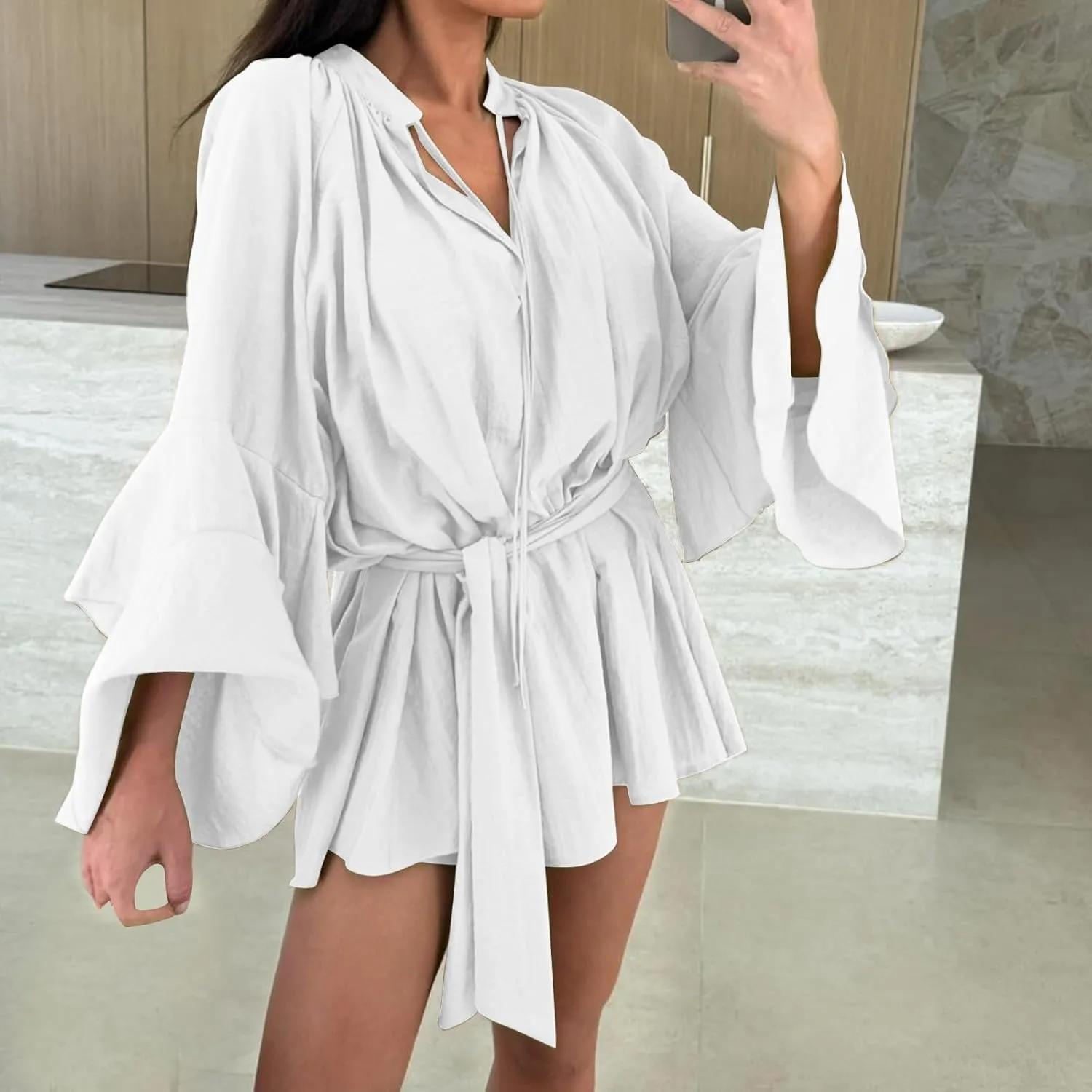 Womens Tie V Neck Casual Summer Loose Short Shirt Dress Flowy Tiered Ruffle Bell Long Sleeve Mini Dresses with Belt