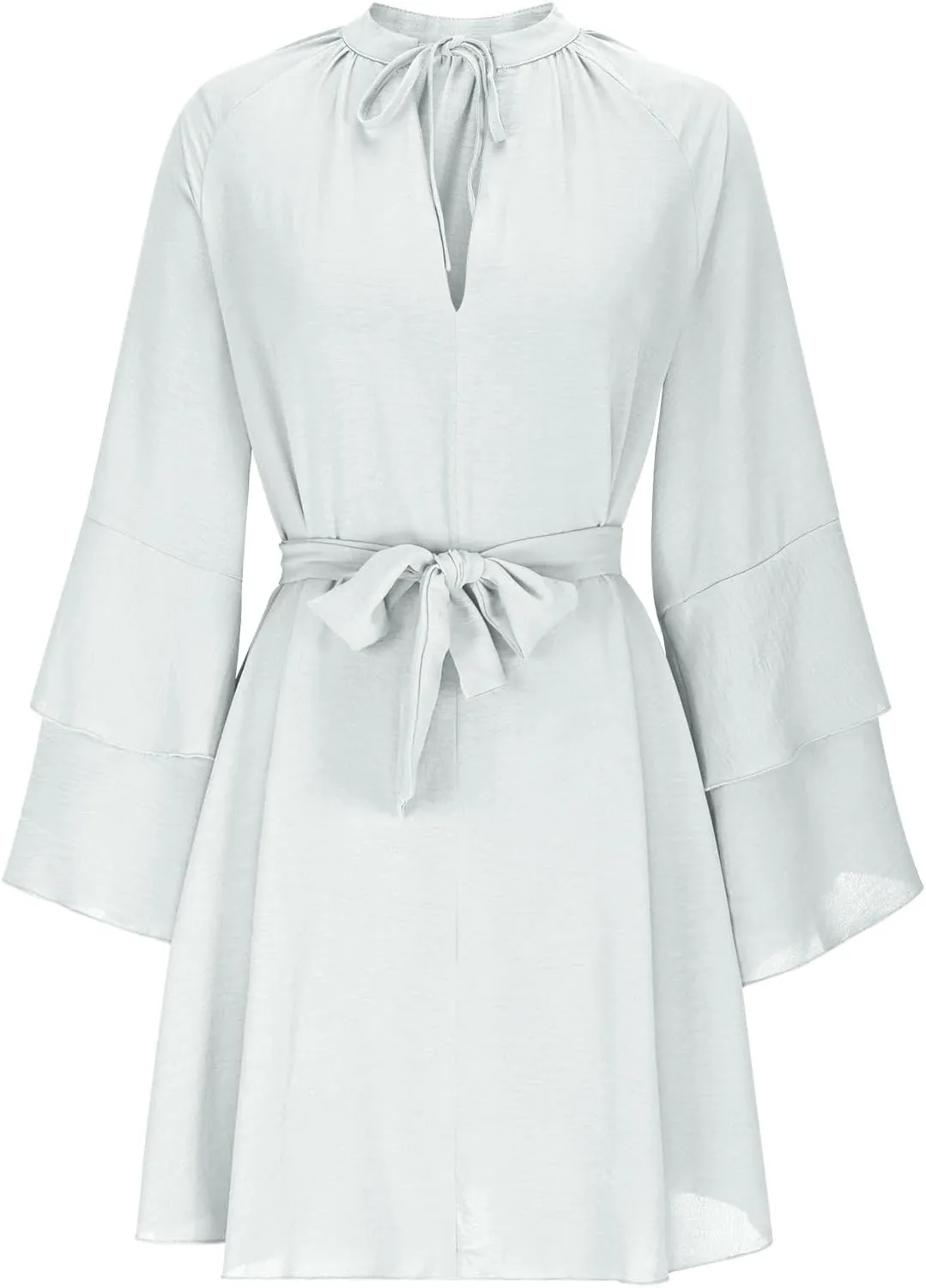 Womens Tie V Neck Casual Summer Loose Short Shirt Dress Flowy Tiered Ruffle Bell Long Sleeve Mini Dresses with Belt