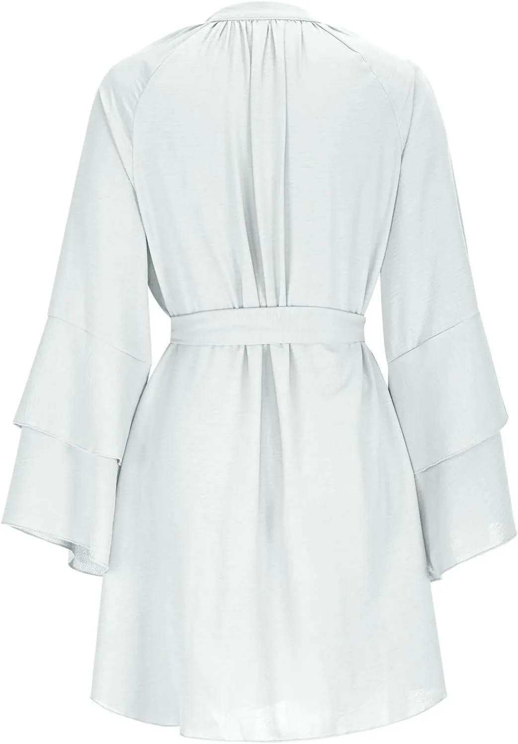 Womens Tie V Neck Casual Summer Loose Short Shirt Dress Flowy Tiered Ruffle Bell Long Sleeve Mini Dresses with Belt