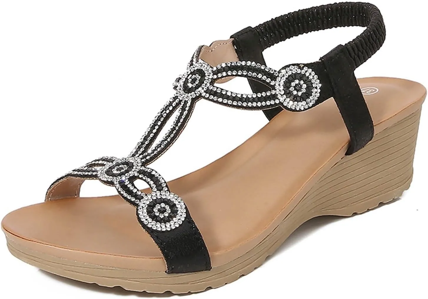 Women's Wedge Sandals Summer Comfortable Casual Bohemian Beach Rhinestone Platform Shoes Flower Low Heel Dressy Elastic Ankle Strap Bohemia with Arch Support Slip On Open Toe Shoe