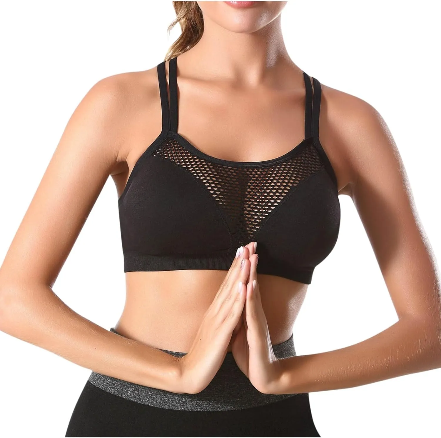 Workout Sports Bras for Women Padded Cross Back Fishnet Wireless Yoga Bras Crop Tops Fitness Running Athletic Gym Bra