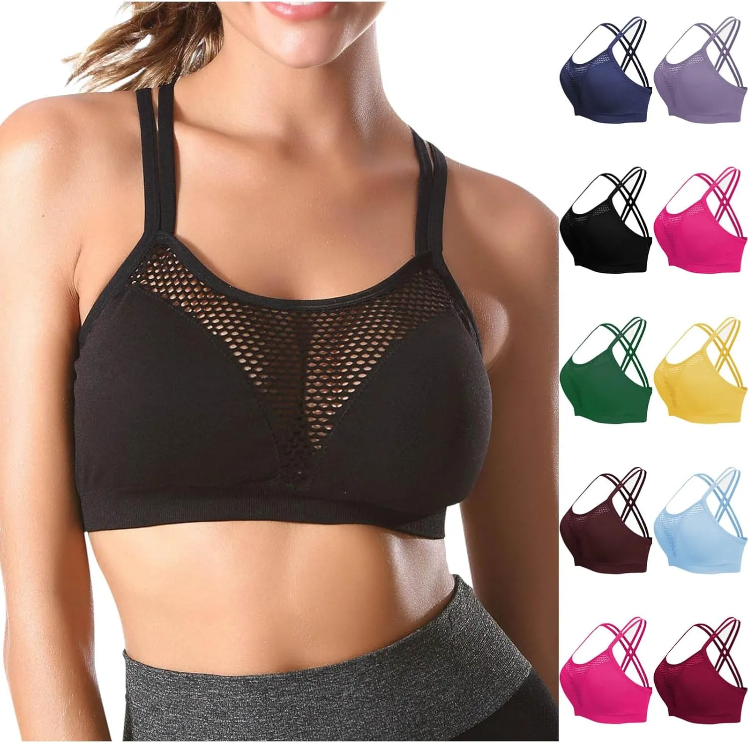 Workout Sports Bras for Women Padded Cross Back Fishnet Wireless Yoga Bras Crop Tops Fitness Running Athletic Gym Bra