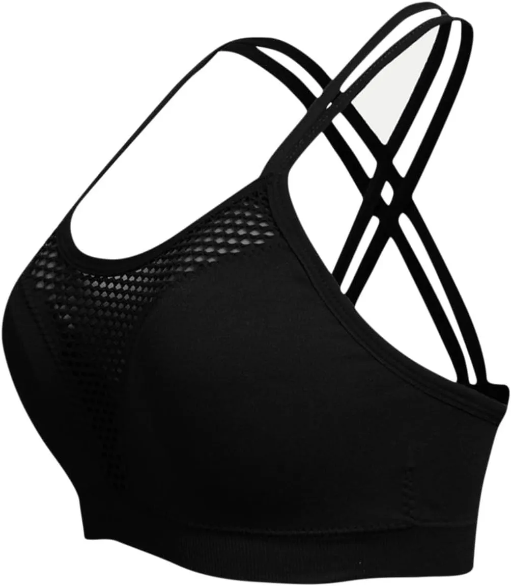 Workout Sports Bras for Women Padded Cross Back Fishnet Wireless Yoga Bras Crop Tops Fitness Running Athletic Gym Bra